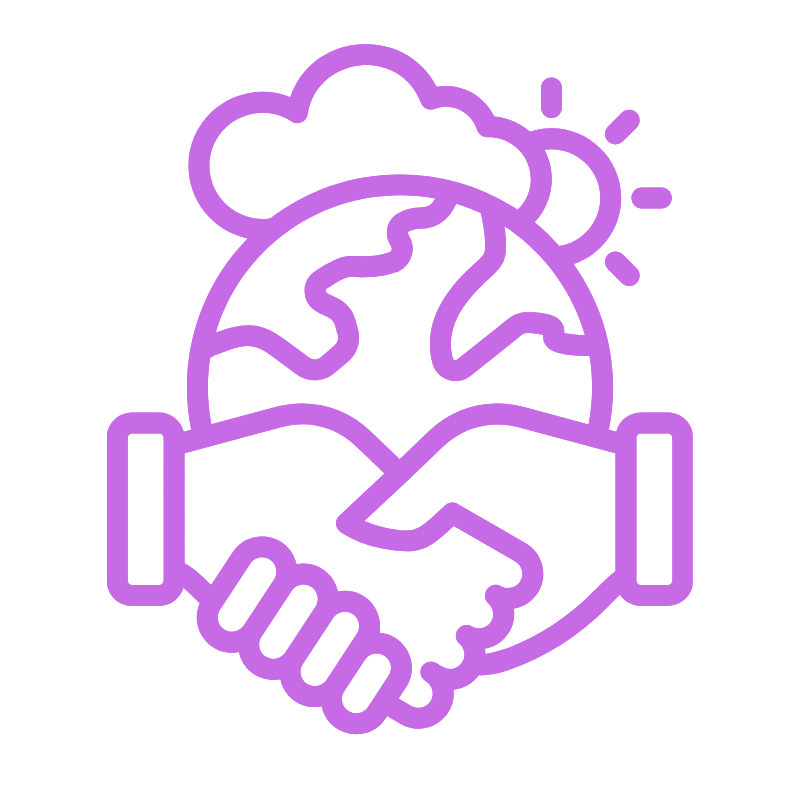 Line drawing of two hands shaking, with a globe, cloud, and sun in the background.