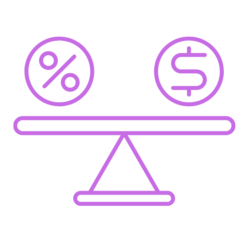 Illustration of a balance scale with a percentage symbol on the left and a dollar sign on the right.