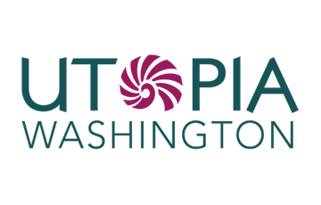 Utopia Washington logo with a purple stylized spiral symbol between the words 'Utopia' and 'Washington' on a black background.