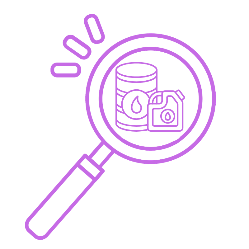 Magnifying glass with oil cans and a small bottle inside, with three lines indicating focus or emphasis.
