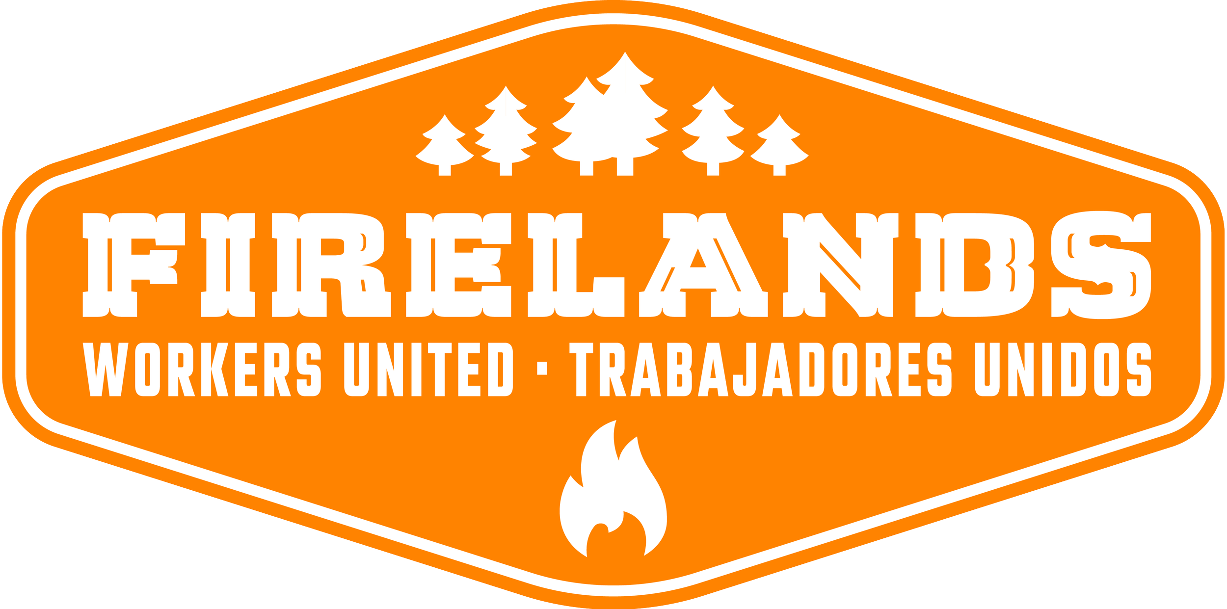 Orange flame refuge sign with trees and fire icon, featuring text in English and Spanish for 'Fireland's Workers United'.