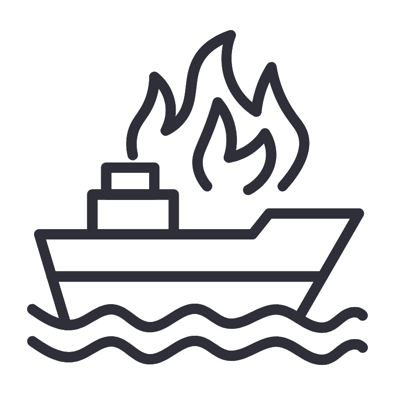 Line drawing of a boat on fire with flames and smoke above the boat, floating on water.