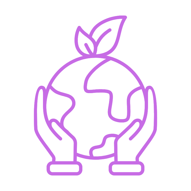 Stylized neon outline of hands holding a globe with a leaf on top, symbolizing environmental protection or sustainability.