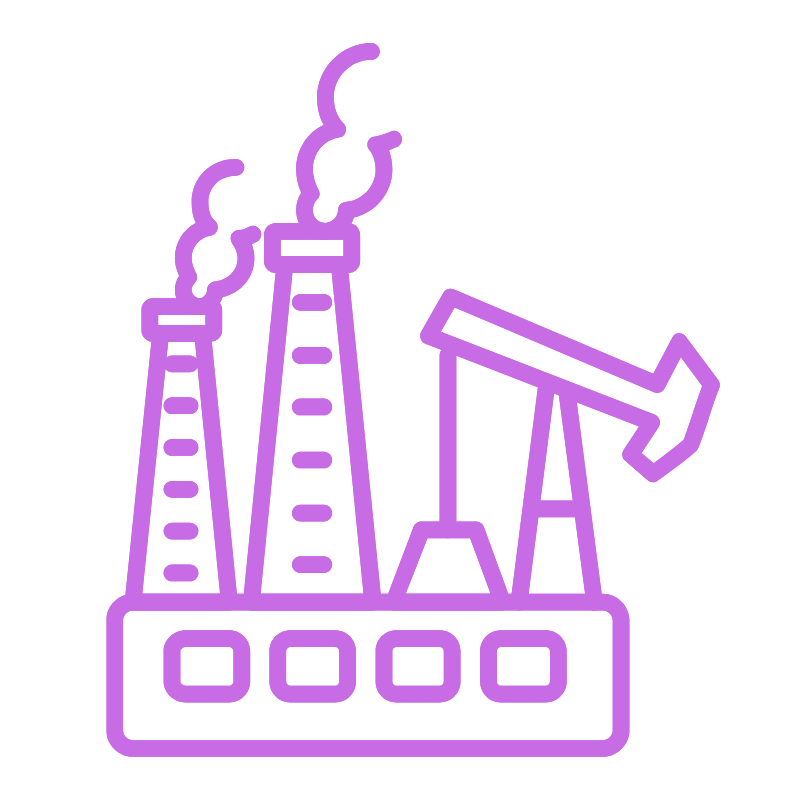 Outline of an oil refinery with three smokestacks emitting smoke and a drilling rig, depicted in purple line art.