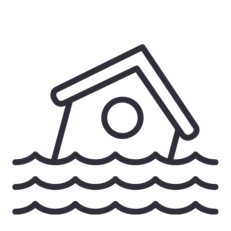 A stylized illustration of a sinking house in water.