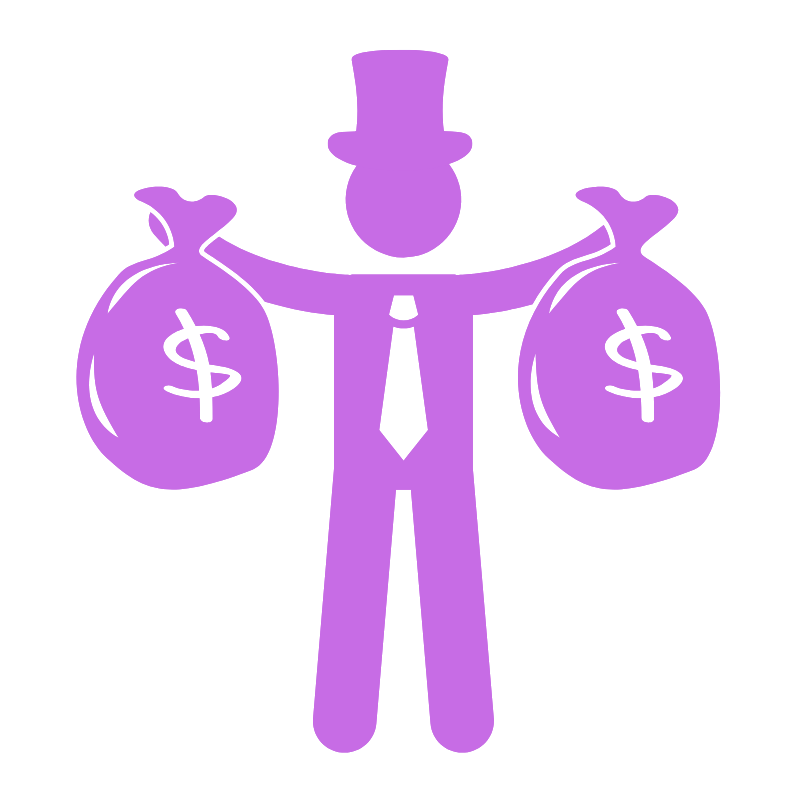 A purple cartoon figure of a person holding two bags of money, one in each hand.