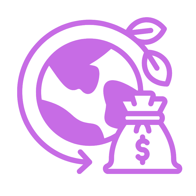 Illustration of the Earth with a circular arrow around it, connected to a money bag with a dollar sign, symbolizing global financial or economic exchange.