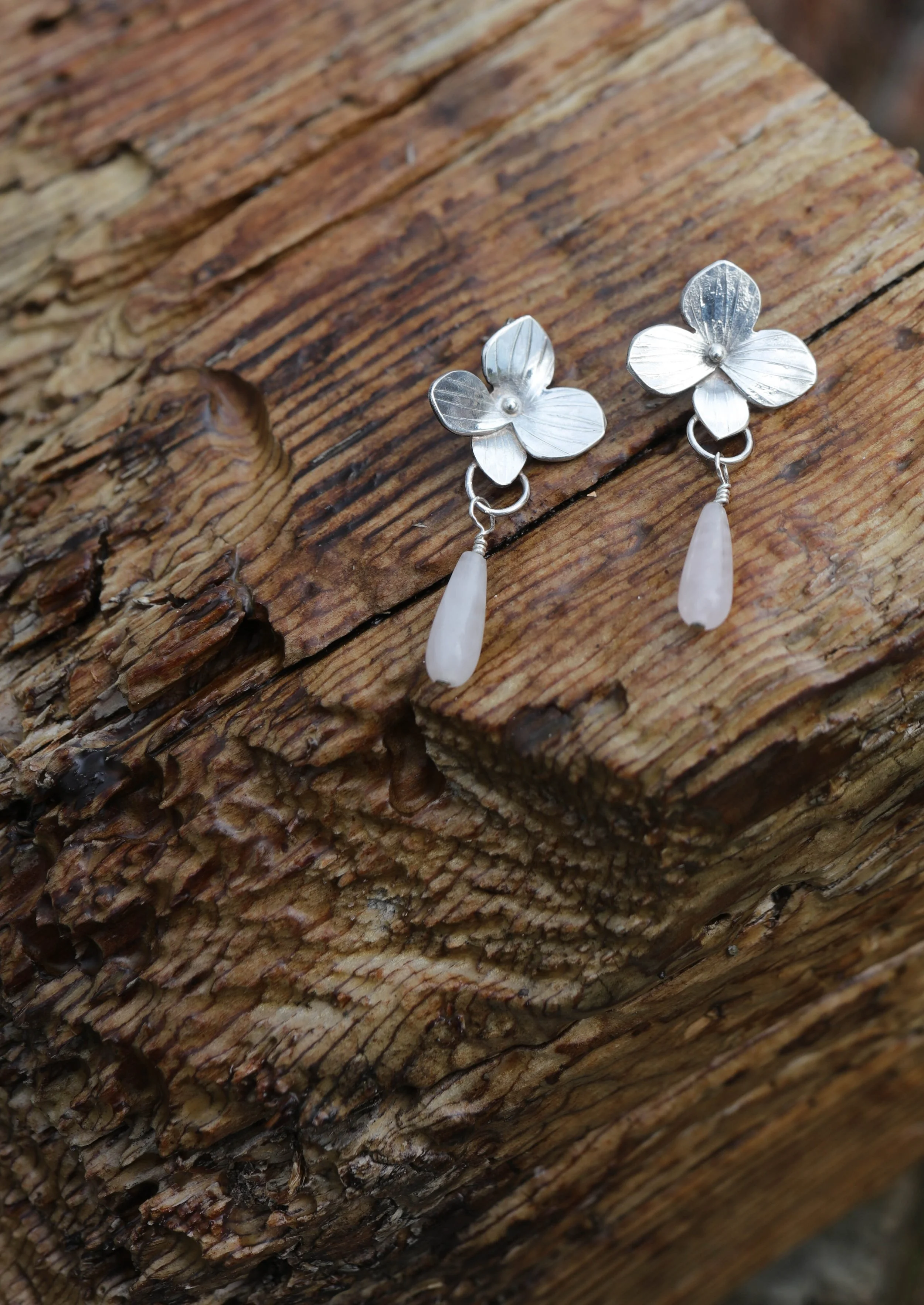 earings hydranga blossom w- rose quartz drop.jpg