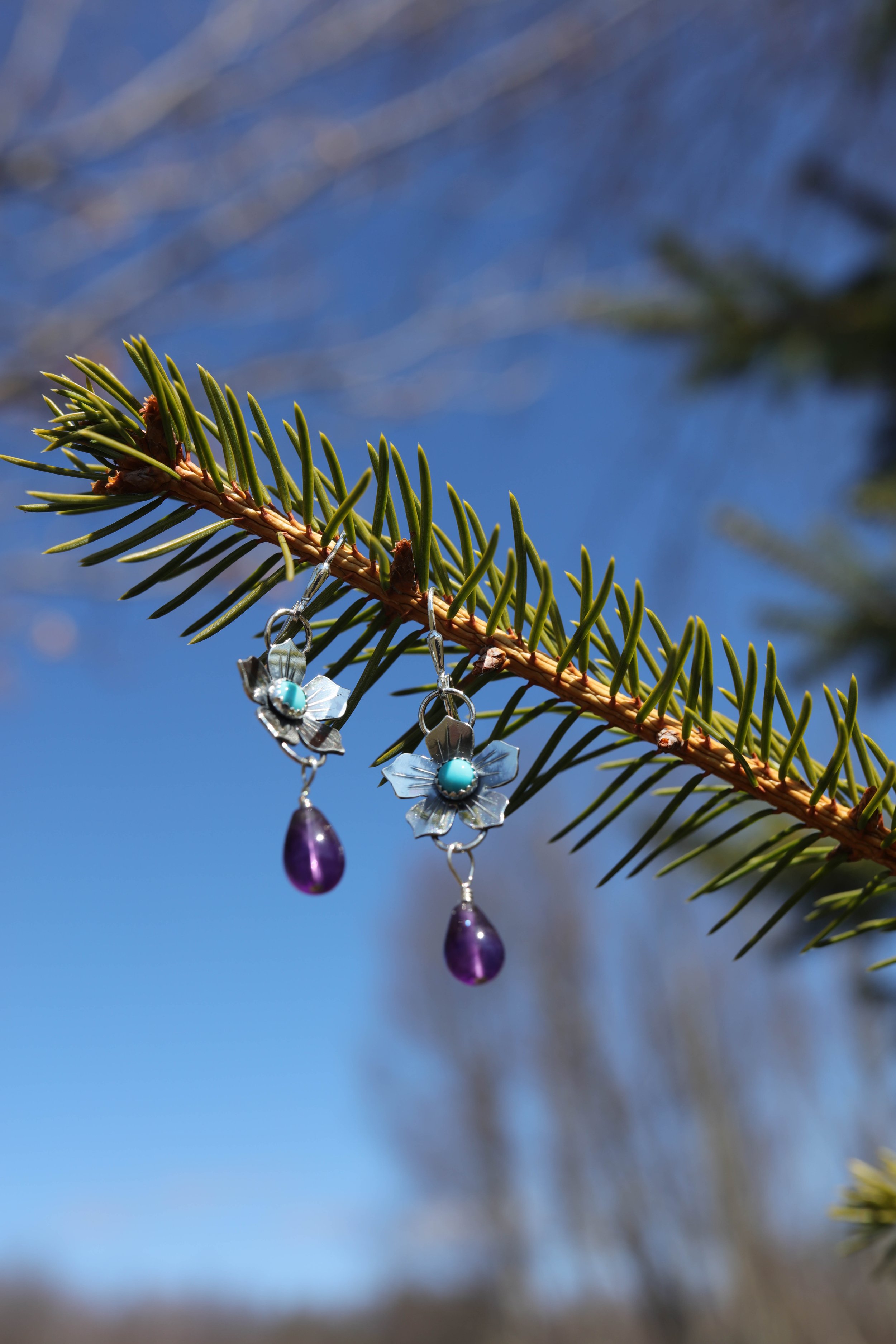 earings small flowers w- turquoise and amythest drops.jpg
