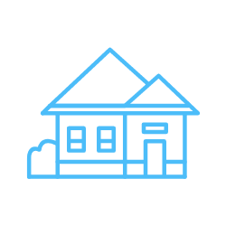 Line drawing of a house with a gable roof, three windows, a front door, and a small bush on the side.