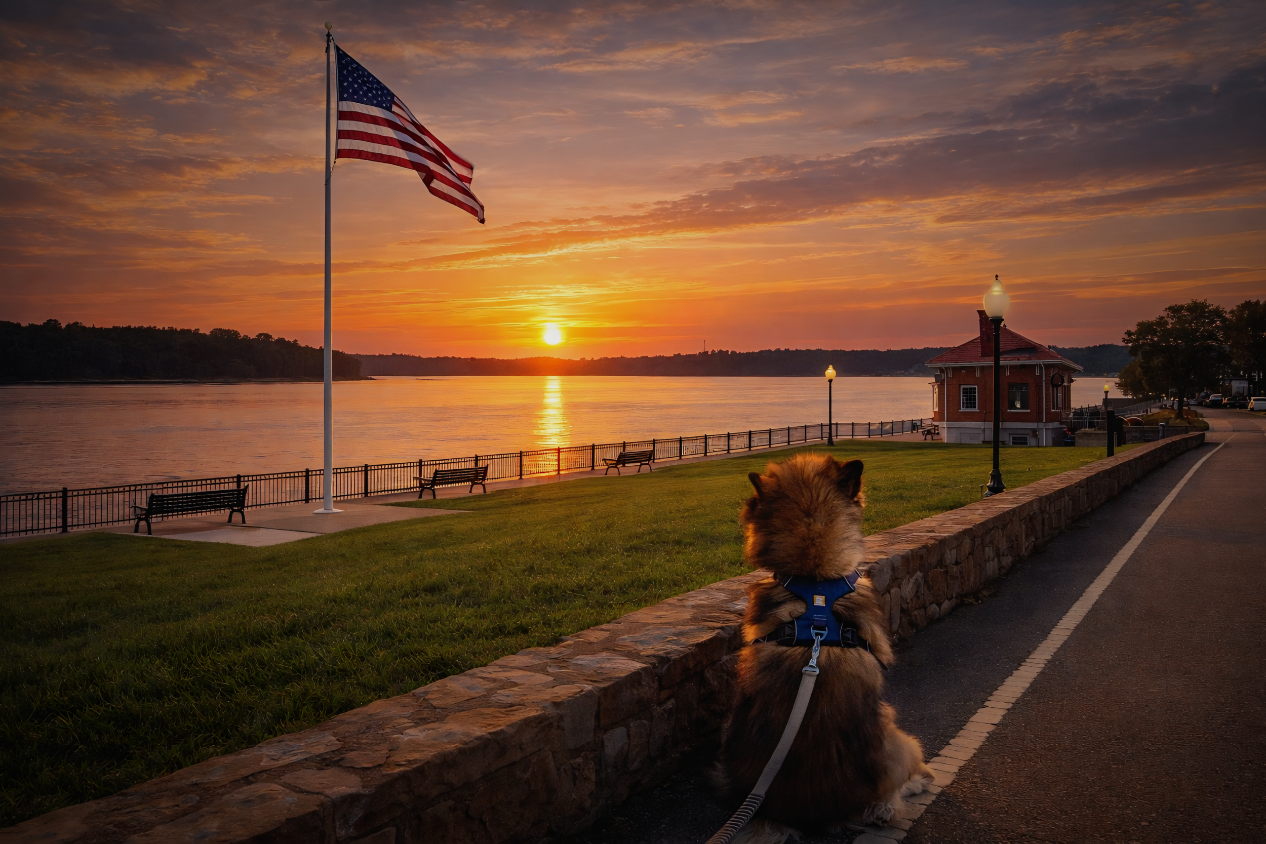 A dog sitting on a stone wall overlooking a river at sunset, with an American flag on a flagpole and street lamps along the pathway.