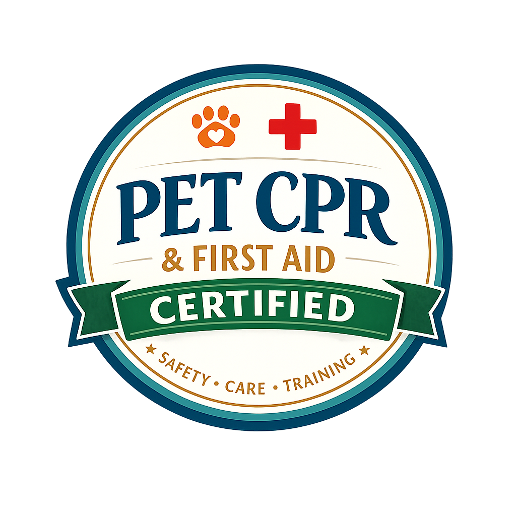 Certificate badge for pet CPR and first aid certification, featuring a paw icon and a cross symbol, surrounded by the text 'Pet CPR & First Aid Certified' with 'Safety, Care, Training' at the bottom.