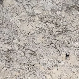 Alpine Valley Granite. A Close-up of light gray granite with dark veins.