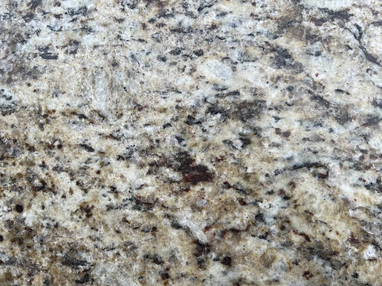 Amerelle Ornamental Granite. A Close-up of granite surface with brown, gray, and white speckles.