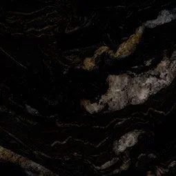 Granite Titanium. A Black and gold marble texture with wavy patterns.