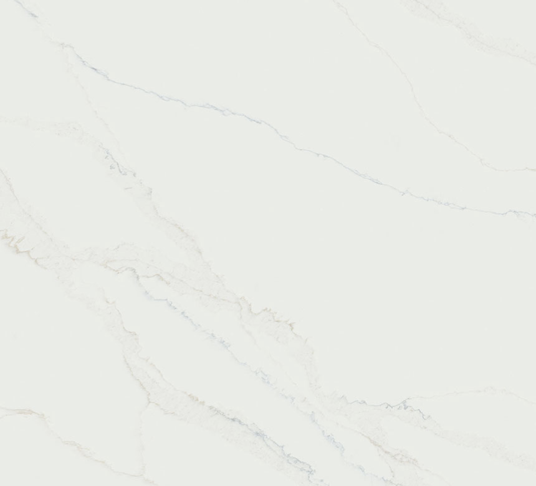 Calacatta Safyra Quartz. White marble surface with light gray veining