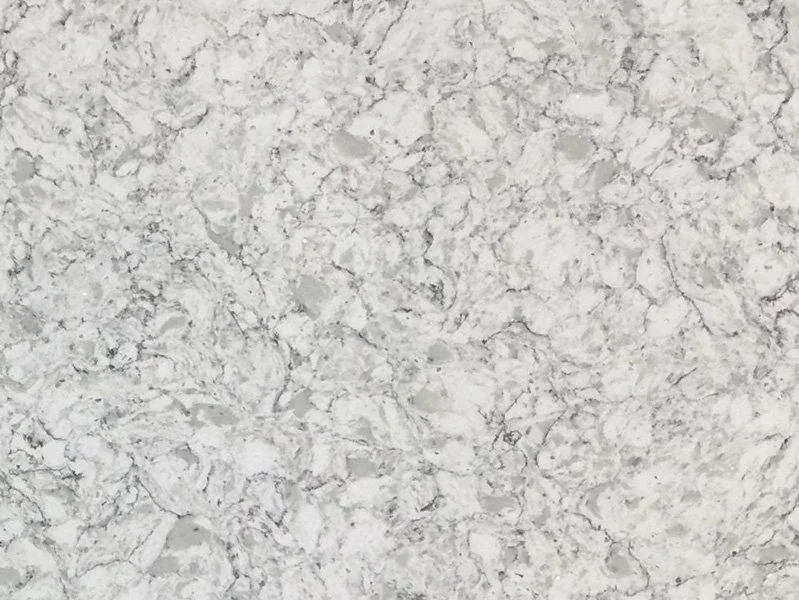 White Flower Nuovo Quartz. A White and gray marble countertop surface texture.