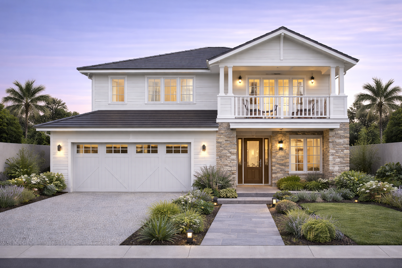 Modern two-story house with white exterior, stone accents, large front yard, pathway, landscaped garden, garage, porch, and outdoor lighting at dusk.