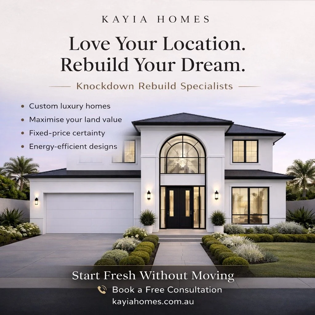 A Knockdown Rebuild with Kayia Homes lets you start fresh &mdash; without giving up the street, suburb, or lifestyle you love.
🏡 Keep your land
🔨 Design a brand-new, modern home
📐 Built to today&rsquo;s standards &amp; your future needs
From first