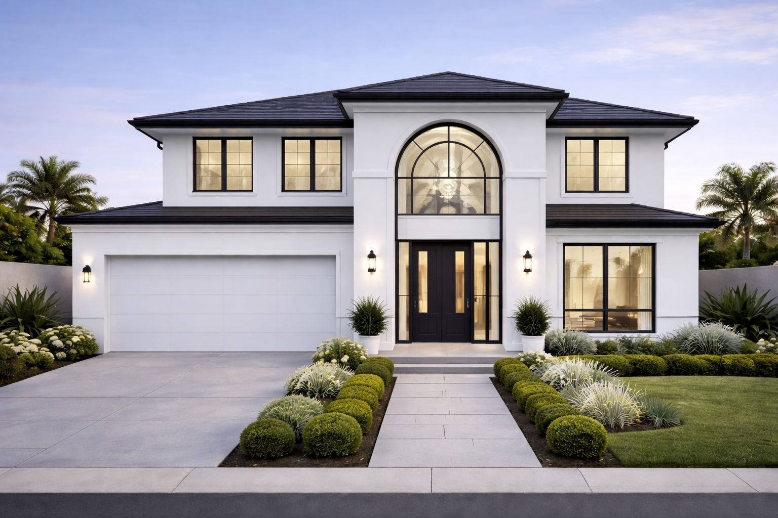 Modern two-story white house with black trim, large windows, black front door, and a landscaped front yard with plants and bushes.