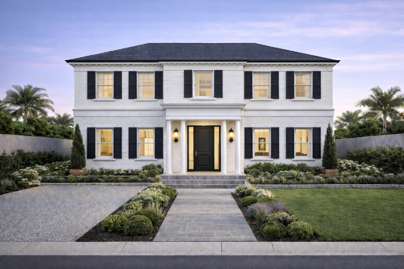Front view of a two-story white brick house with black shutters, black front door, and symmetrical windows, decorated with surrounding landscaped garden and palm trees in the background.