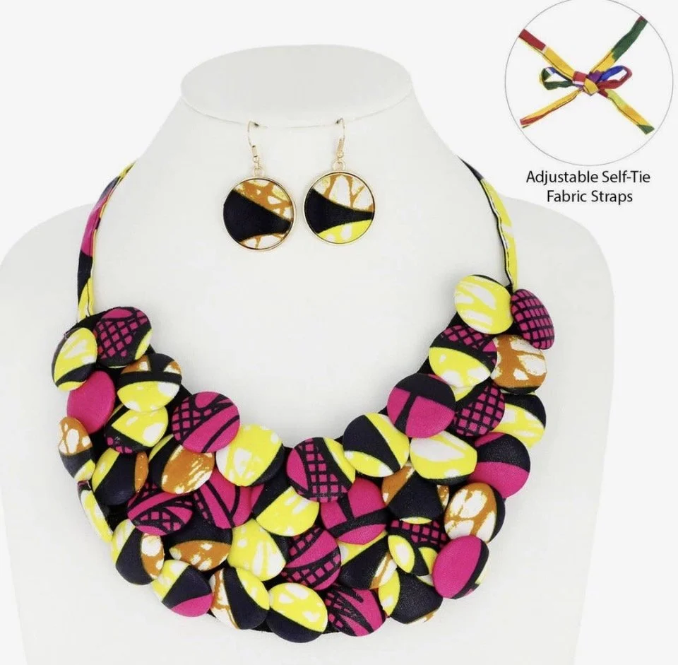 African Print Fabric Button Bib Necklace & Earring Set (Fuchsia)