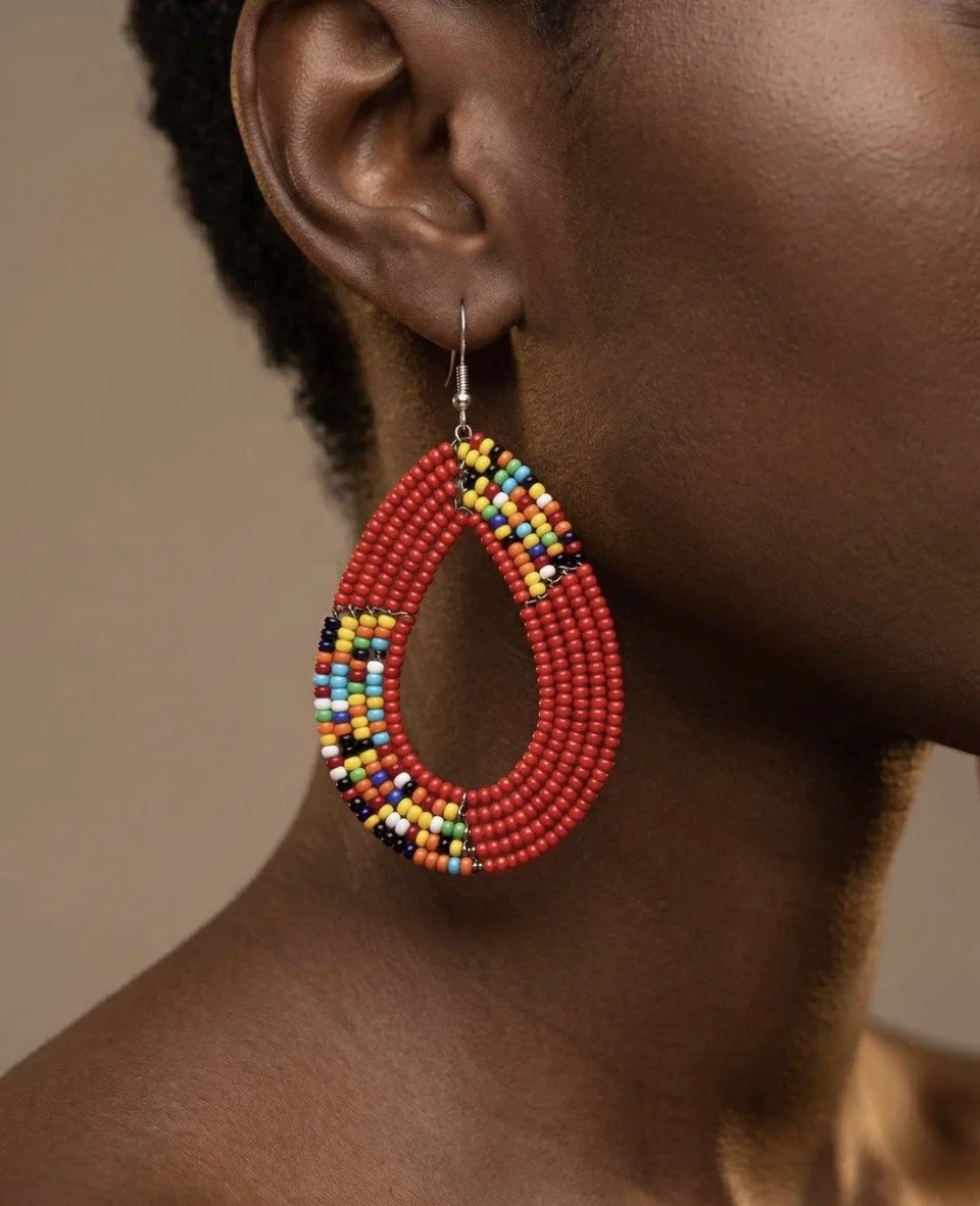 Kajiado Beaded African Earrings-RED