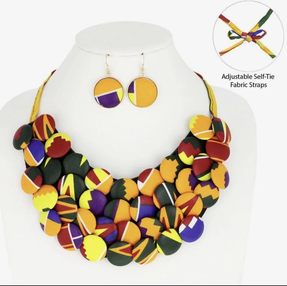 African Print Fabric Button Bib Necklace & Earring Set (Orange)