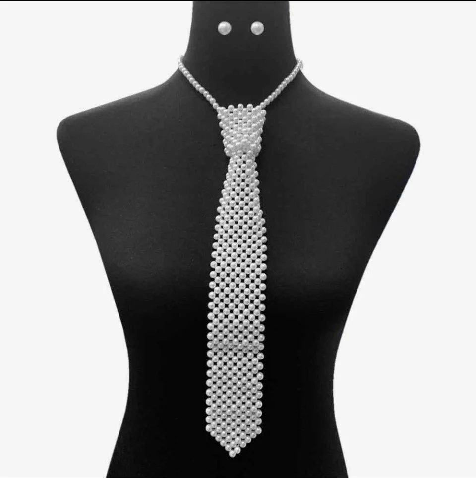 Vintage Inspired Pearled Necktie Necklace and Earring Set