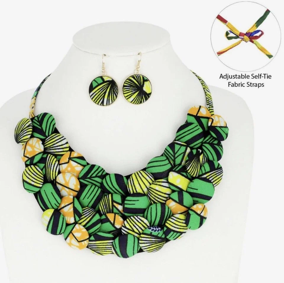 African Print Fabric Button Bib Necklace & Earring Set (Green)