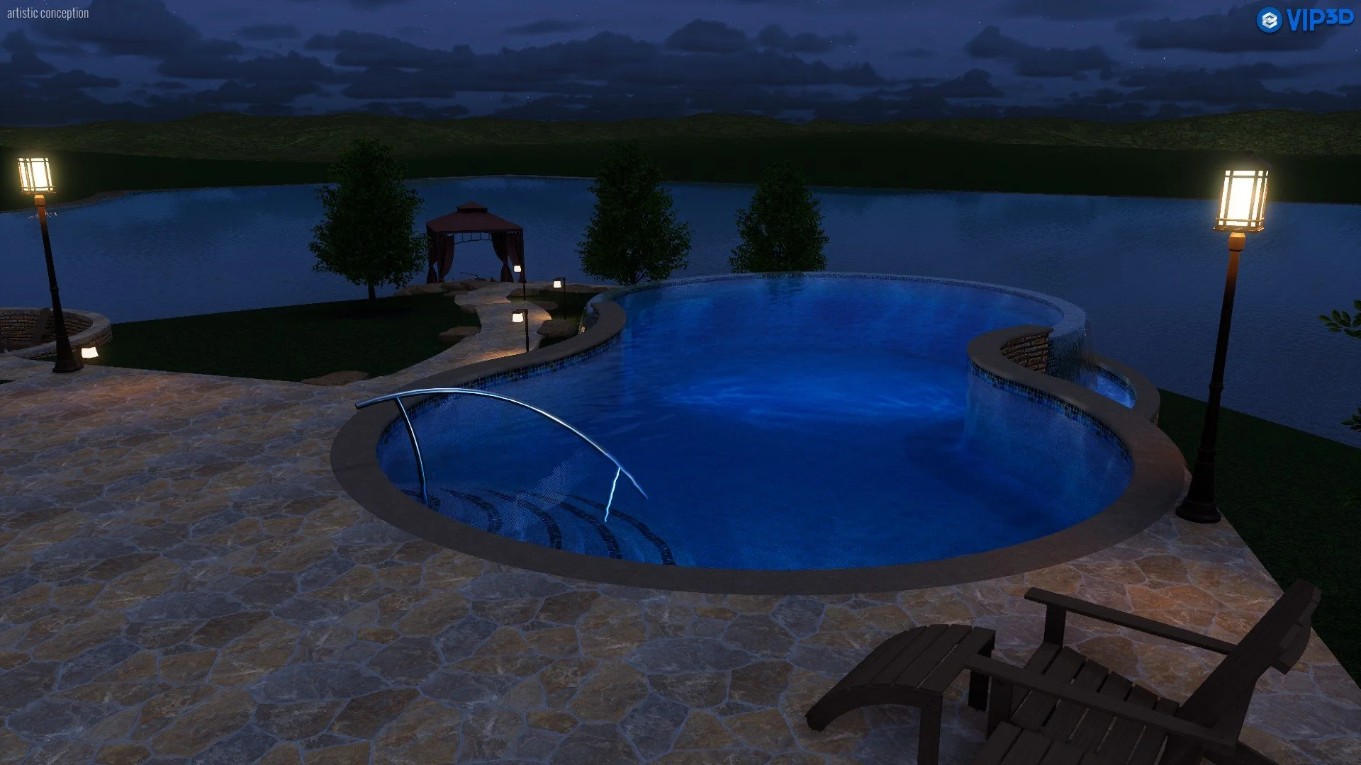 Nighttime view of a backyard with an illuminated irregular-shaped swimming pool, surrounded by a stone patio, outdoor lighting, a lounge chair, trees, and a lake in the background.