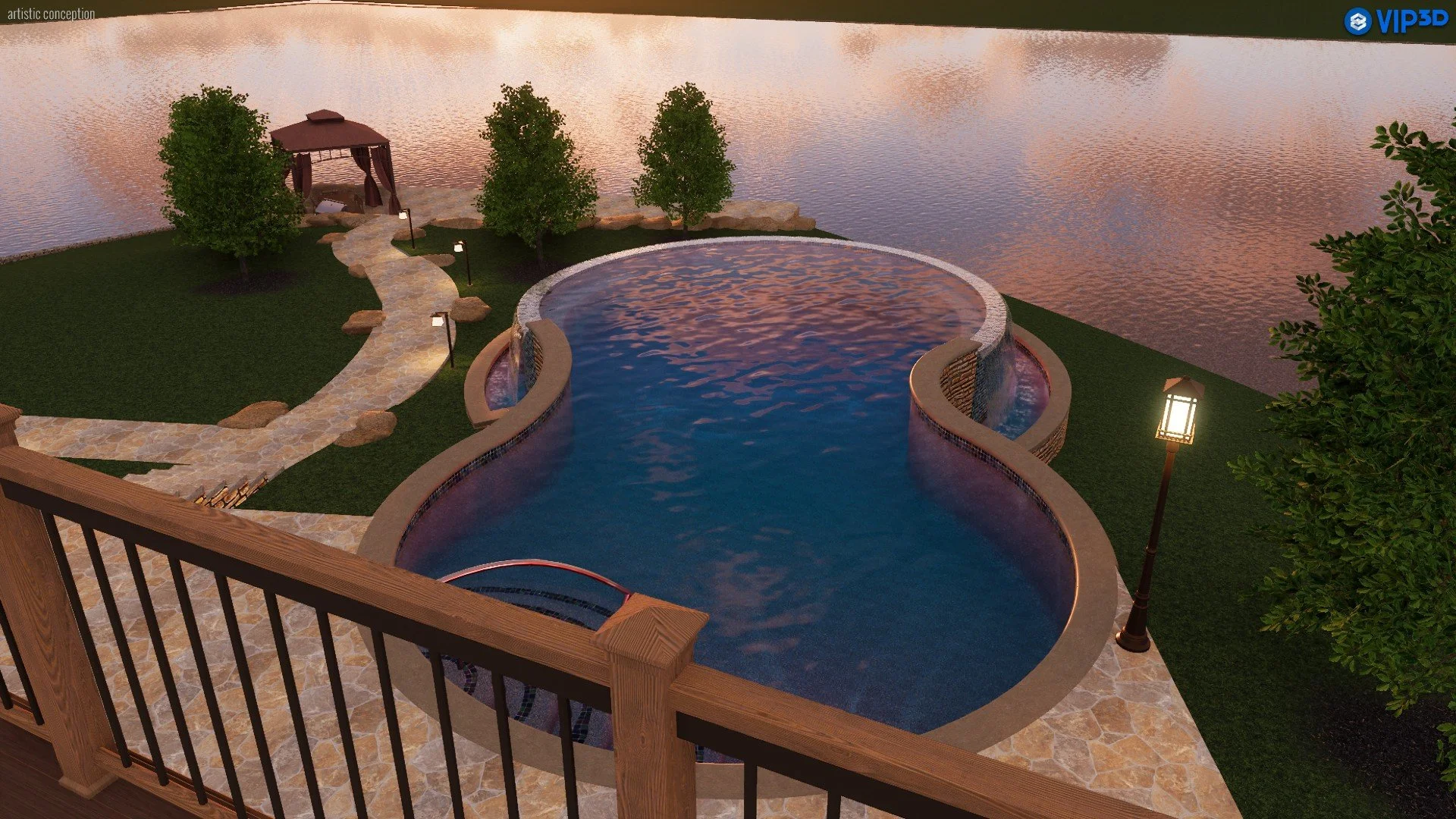A backyard view from a balcony showing a custom outdoor pool with a curved shape, lit pathway lights, a stone walkway, grassy areas, trees, a gazebo, and a lake in the background during sunset.