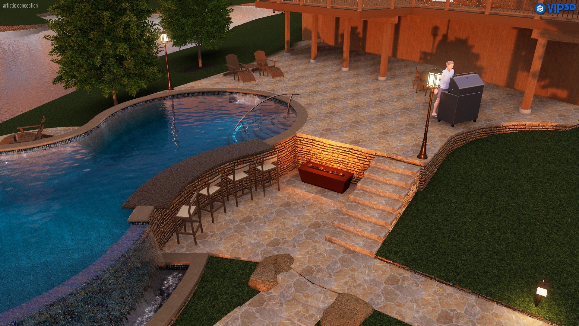 An outdoor pool area with stone tile flooring, a curved swimming pool, lounge chairs, trees, and a person cooking on a barbecue grill under a covered patio, lit by street lamps during evening.