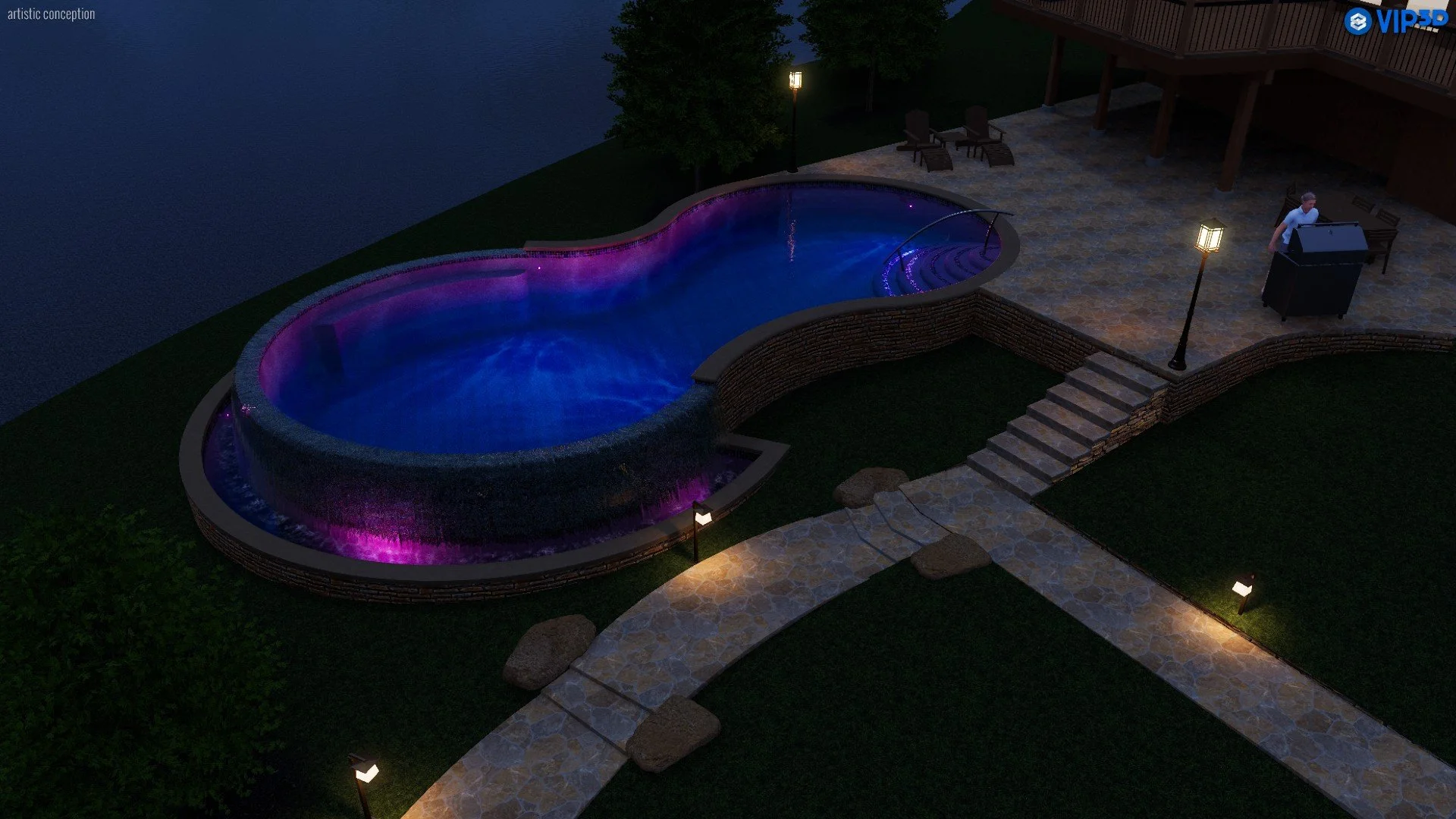 Night view of an illuminated kidney-shaped swimming pool with purple and blue lighting, surrounded by a stone patio, outdoor furniture, and garden lights. A person stands near a barbecue grill on the patio.