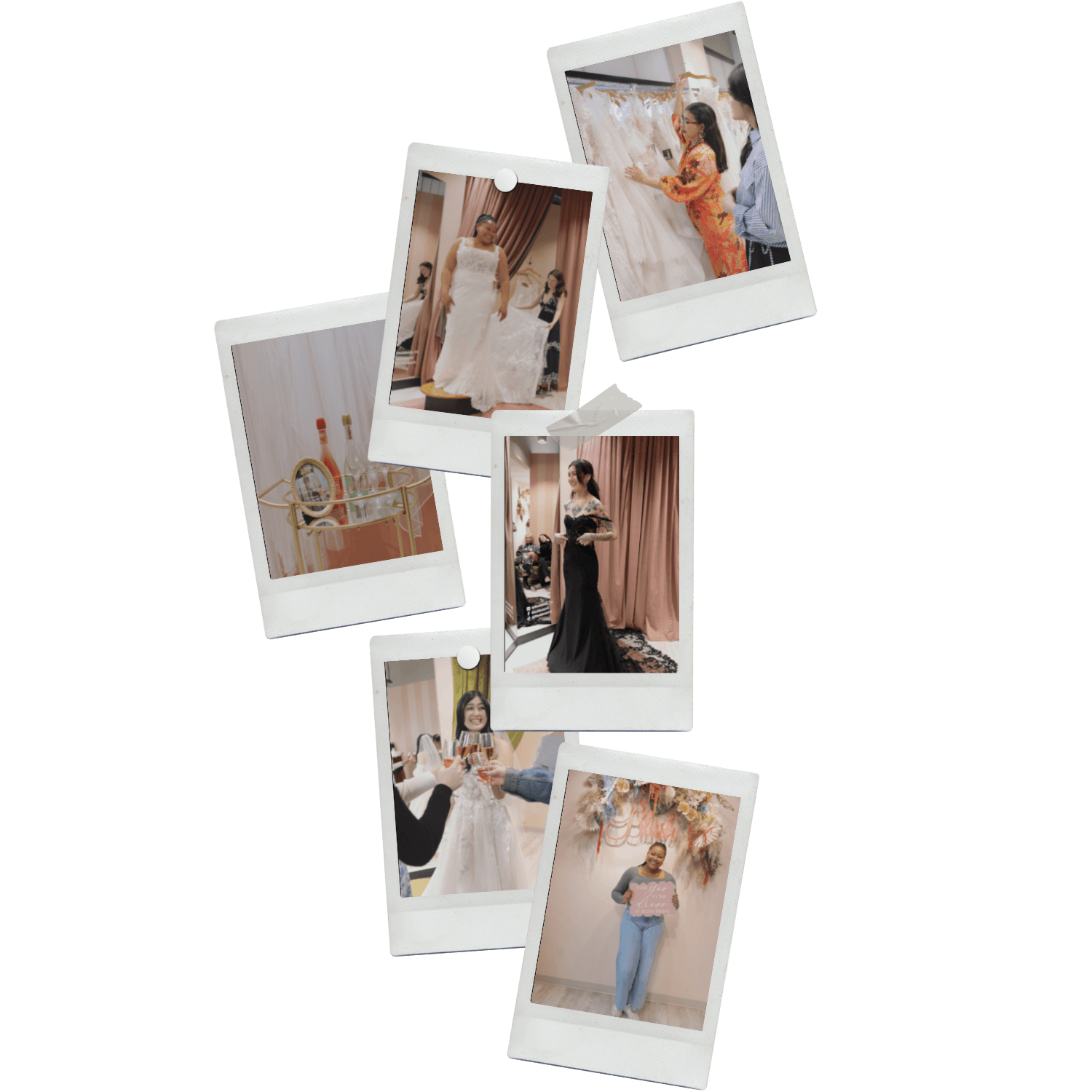 A collage of Polaroid photos showing women at a wedding dress shopping or fitting dresses, with some photos of a bar cart and group celebrating with drinks.