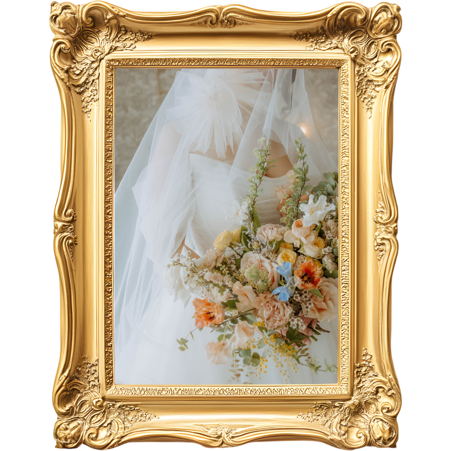 A mirror with an ornate gold frame reflects a person in a wedding dress holding a bouquet of flowers.