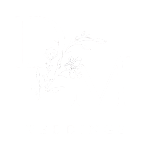 Black background with white floral design and large letters D and M, with smaller text 'WEDDINGS' beneath.