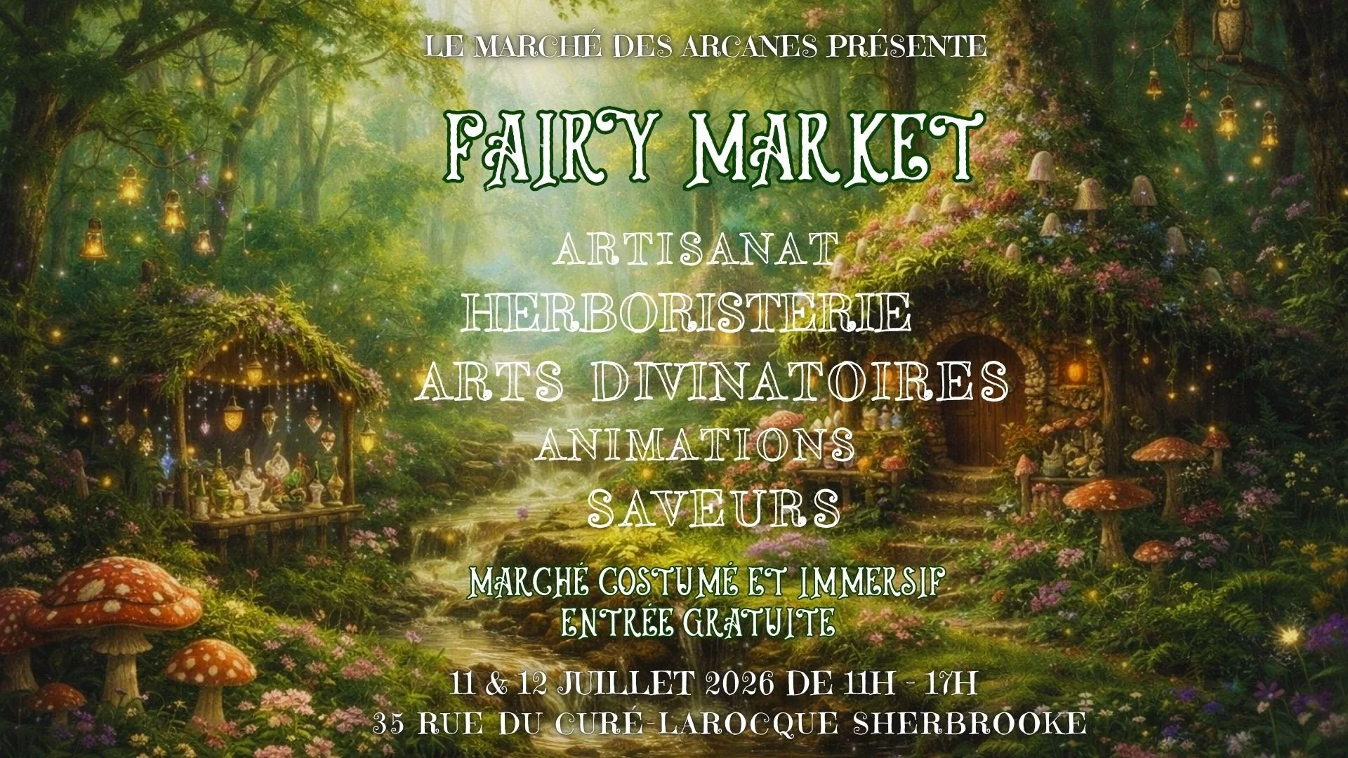 Une forêt enchantée avec une petite maison entourée d'herbes, de fleurs et de champignon dans une ambiance féérique.