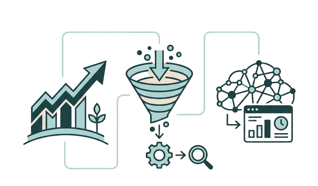 Diagram illustrating data-driven growth, funnels, and decision-making.