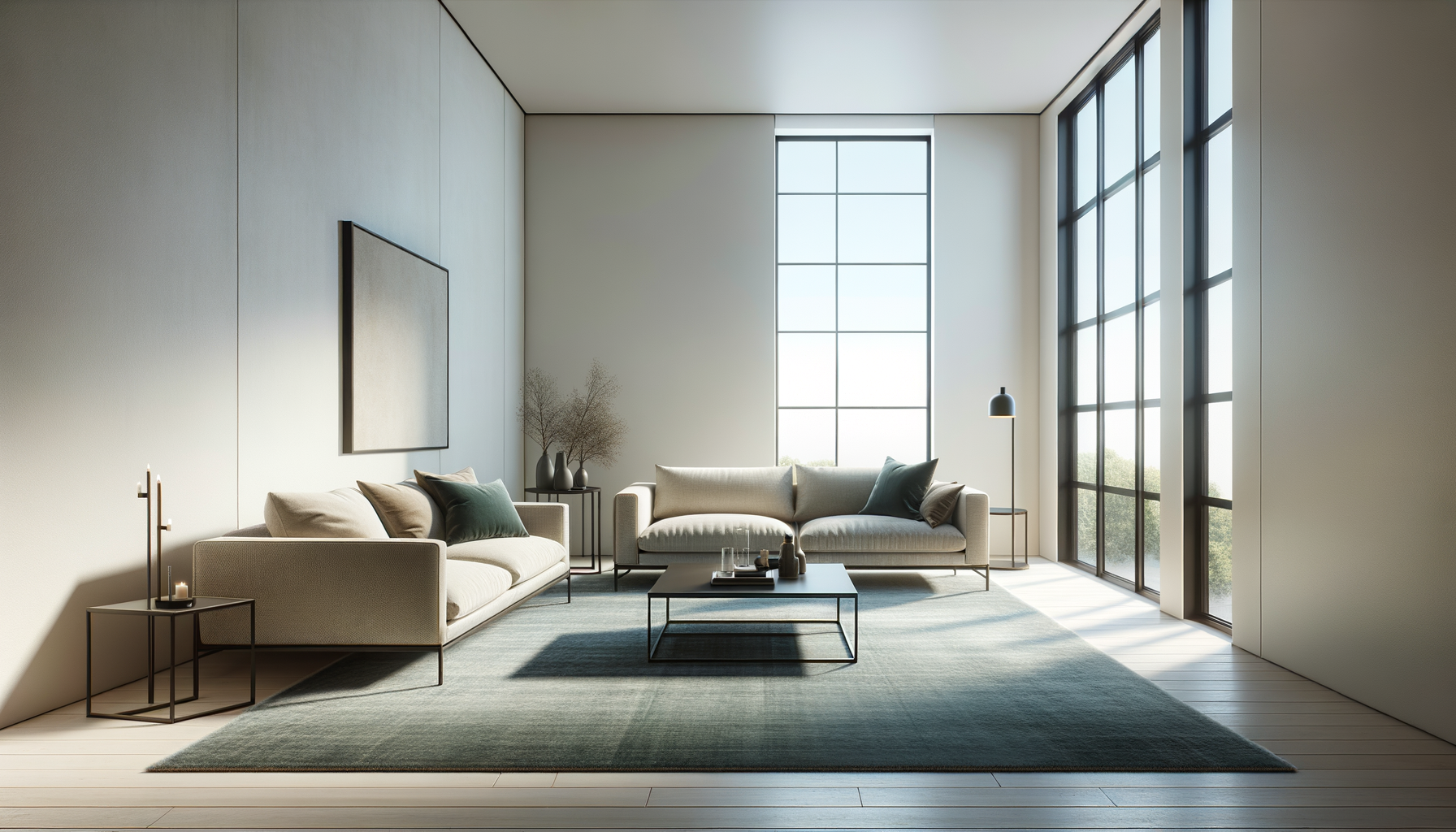 A modern minimalist living room with two white sofas, a coffee table, and large floor-to-ceiling windows letting in natural light. The room has neutral tones with a light-colored rug and a few decorative items.