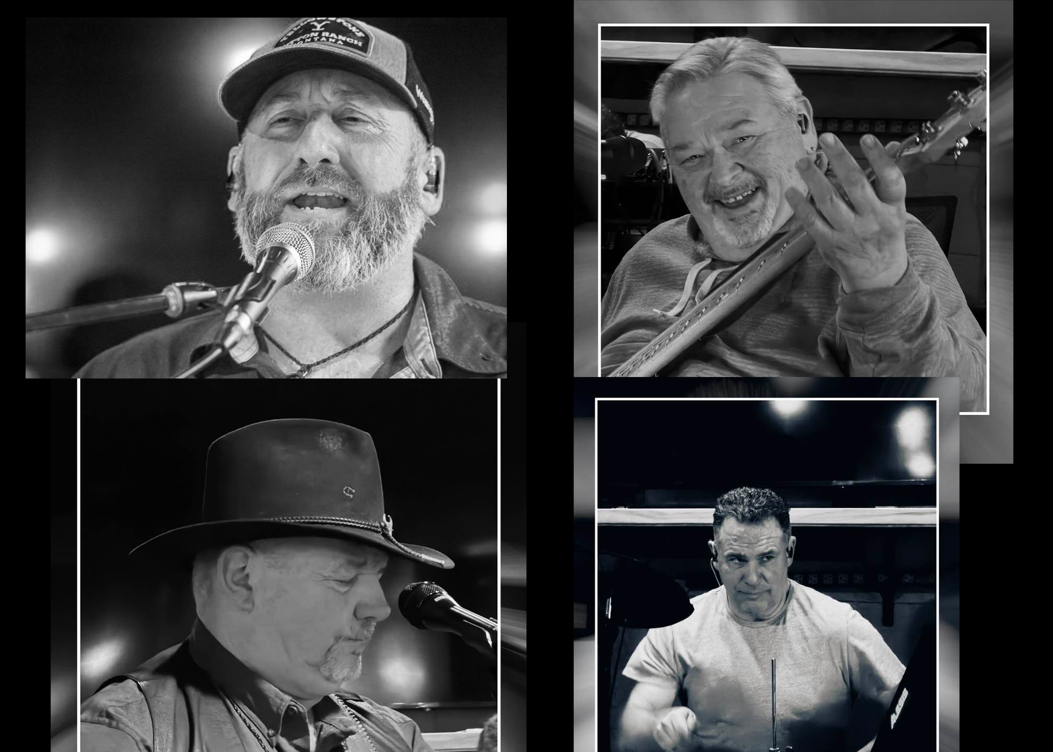 Collage of four black-and-white photographs of male musicians. Top left features a man with a beard singing into a microphone; top right shows a smiling man with gray hair playing the guitar; bottom left depicts a man with a cowboy hat singing into a microphone; bottom right displays a man sitting at a drum kit, looking at the camera.