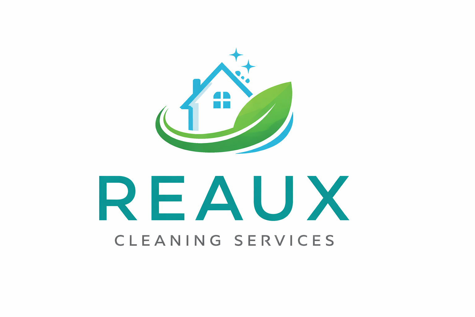 Logo for Reaux Cleaning Services featuring a house with sparkle accents, a green leaf, and swirling green and blue lines.