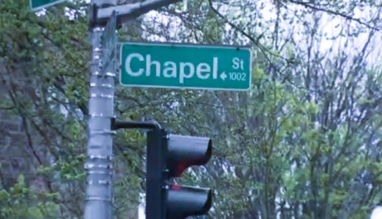 Street sign for Chapel Street with a traffic light below and trees in the background.
