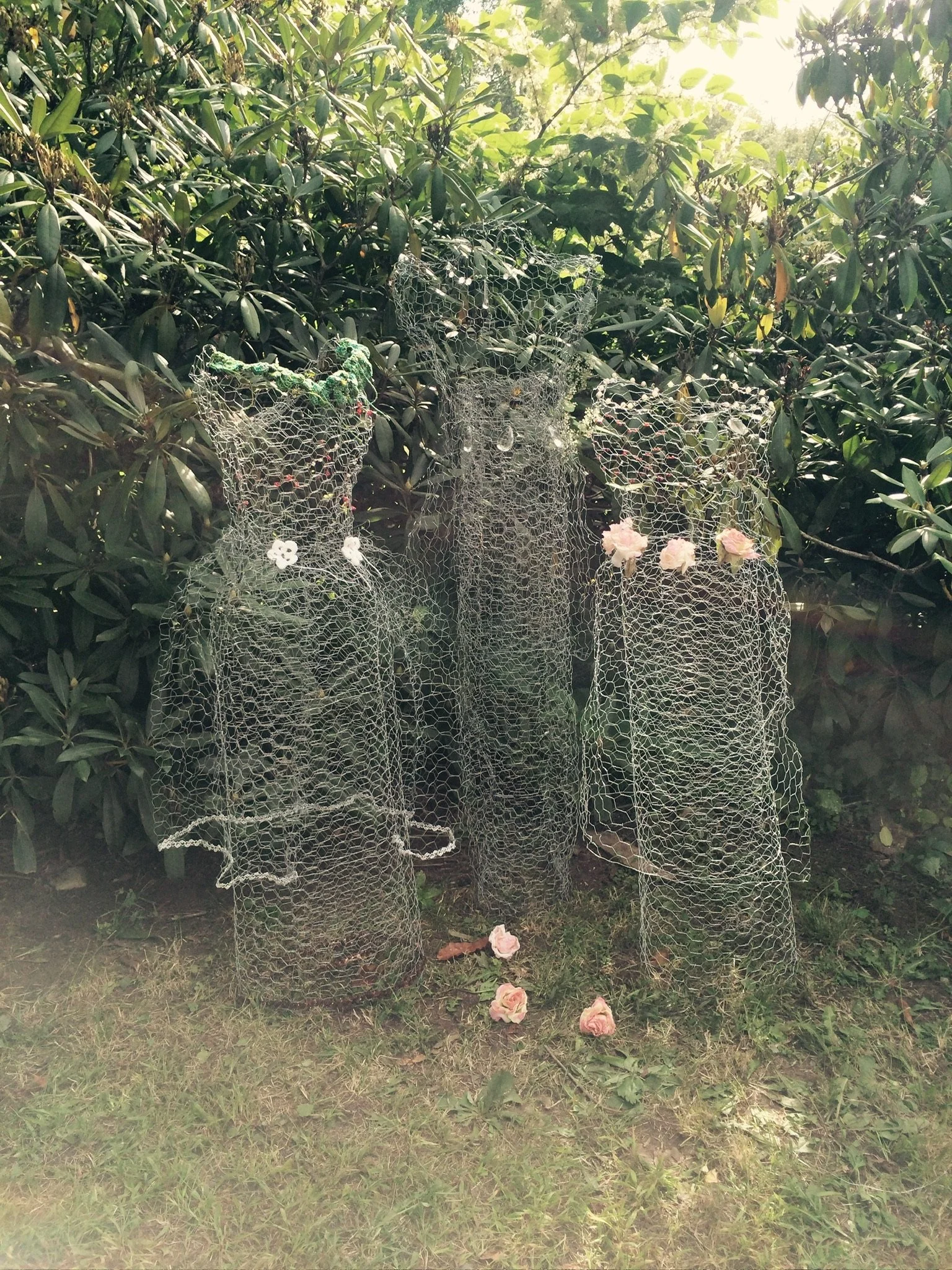  Three Graces  
Chicken wire, beads, fabric  
Installation at Maudslay State Park