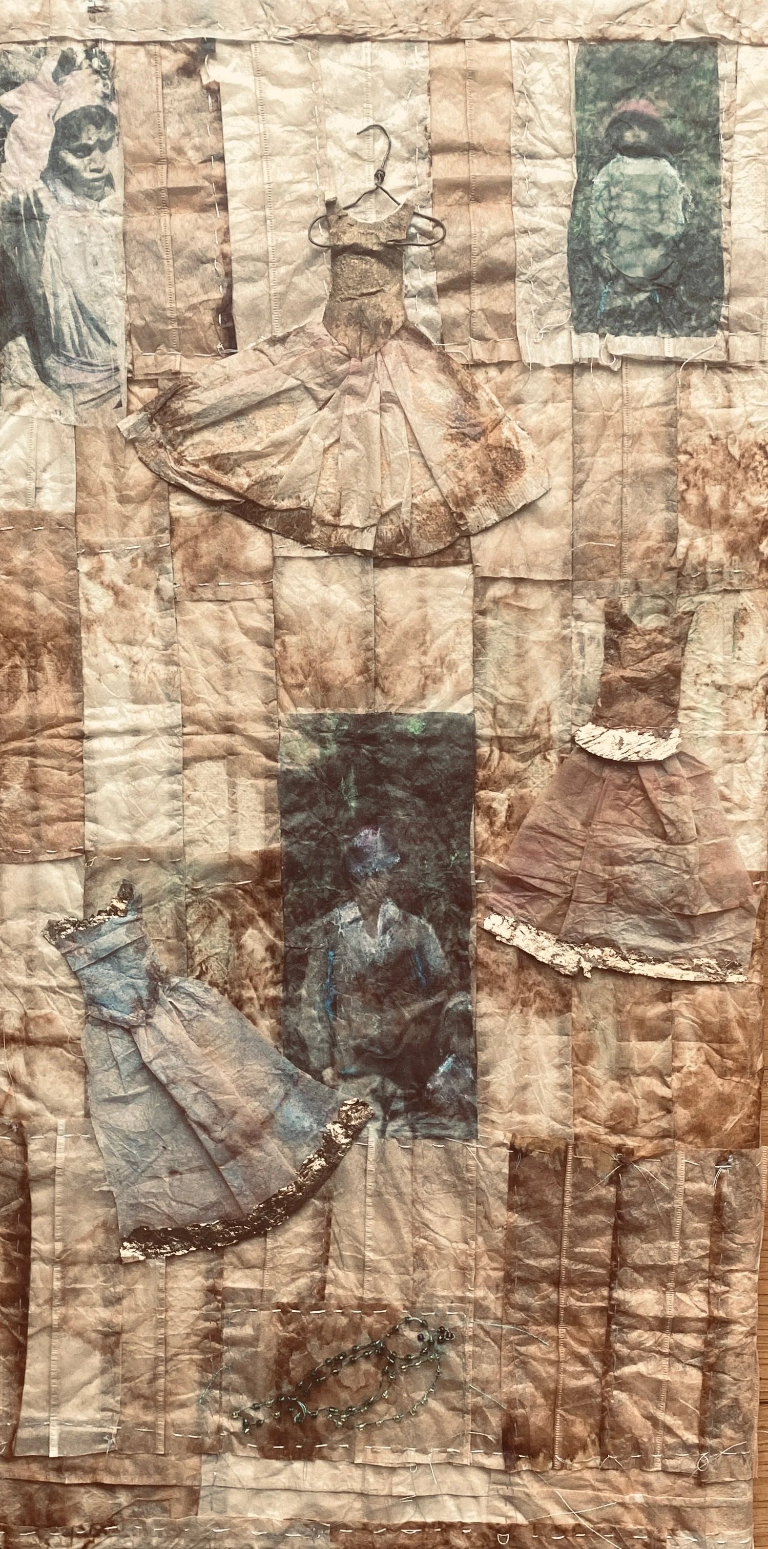  Colonialism  
Sewn teabags, laser printed images, wire, gold leaf

