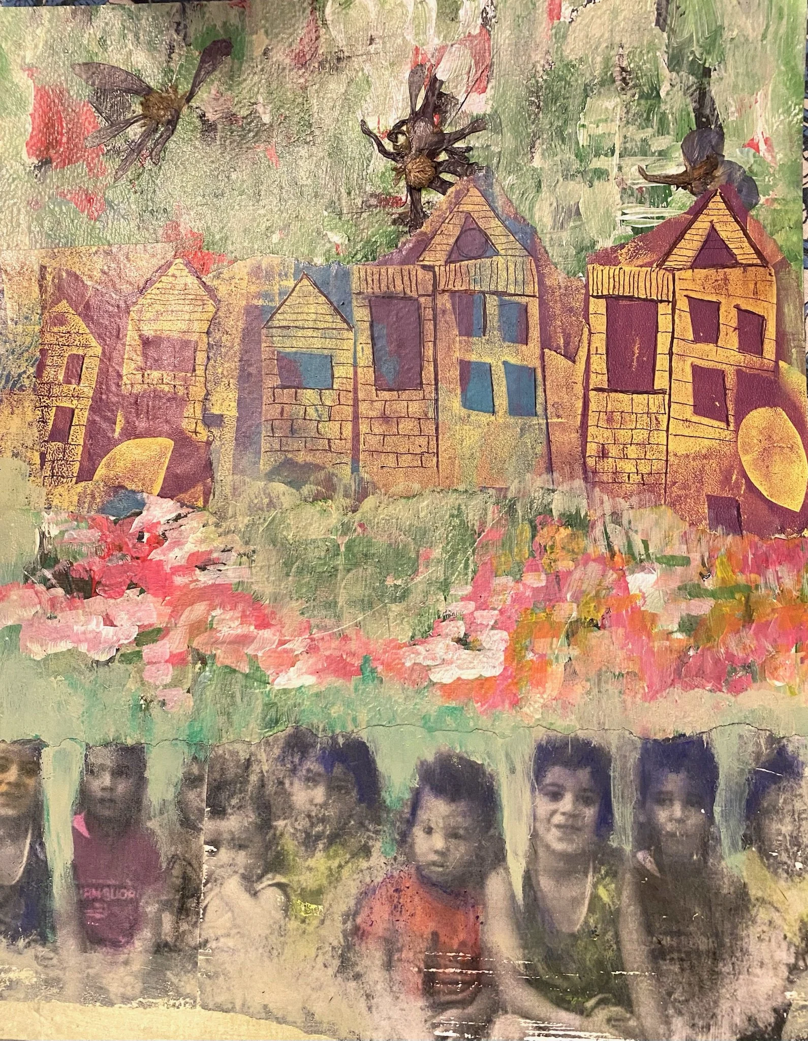  They Were Just Children  
Geli prints, acrylic paint, news photos printed on a laser printer. 11X14”

