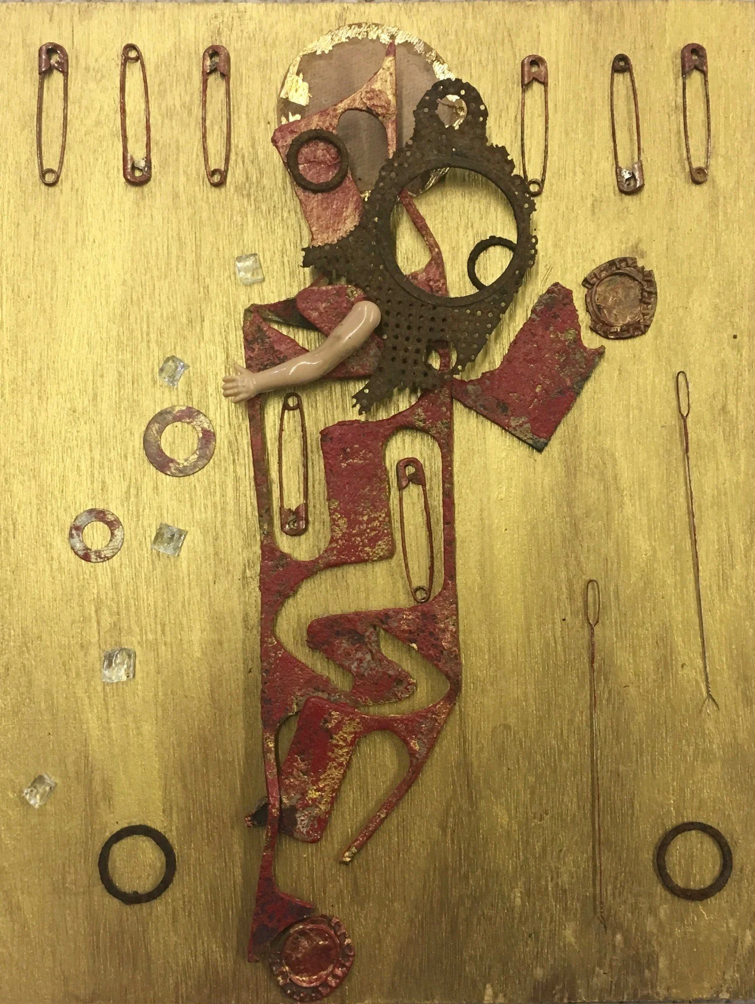  Where to?  
Paint, found metal, pins, acrylic paint on wood