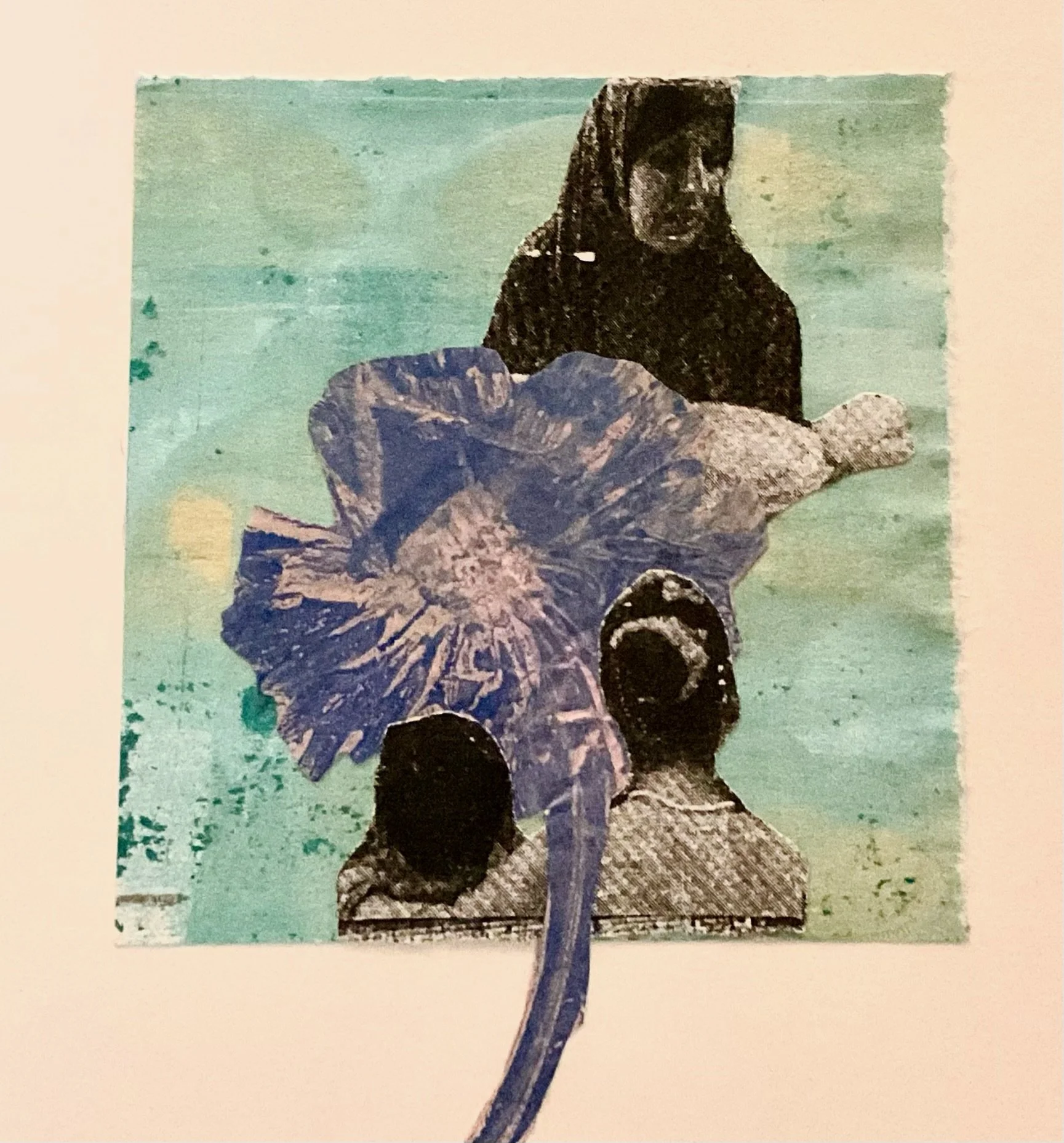  Lost  
Geli print and news photos printed on laser printer Approximately 3X3”

