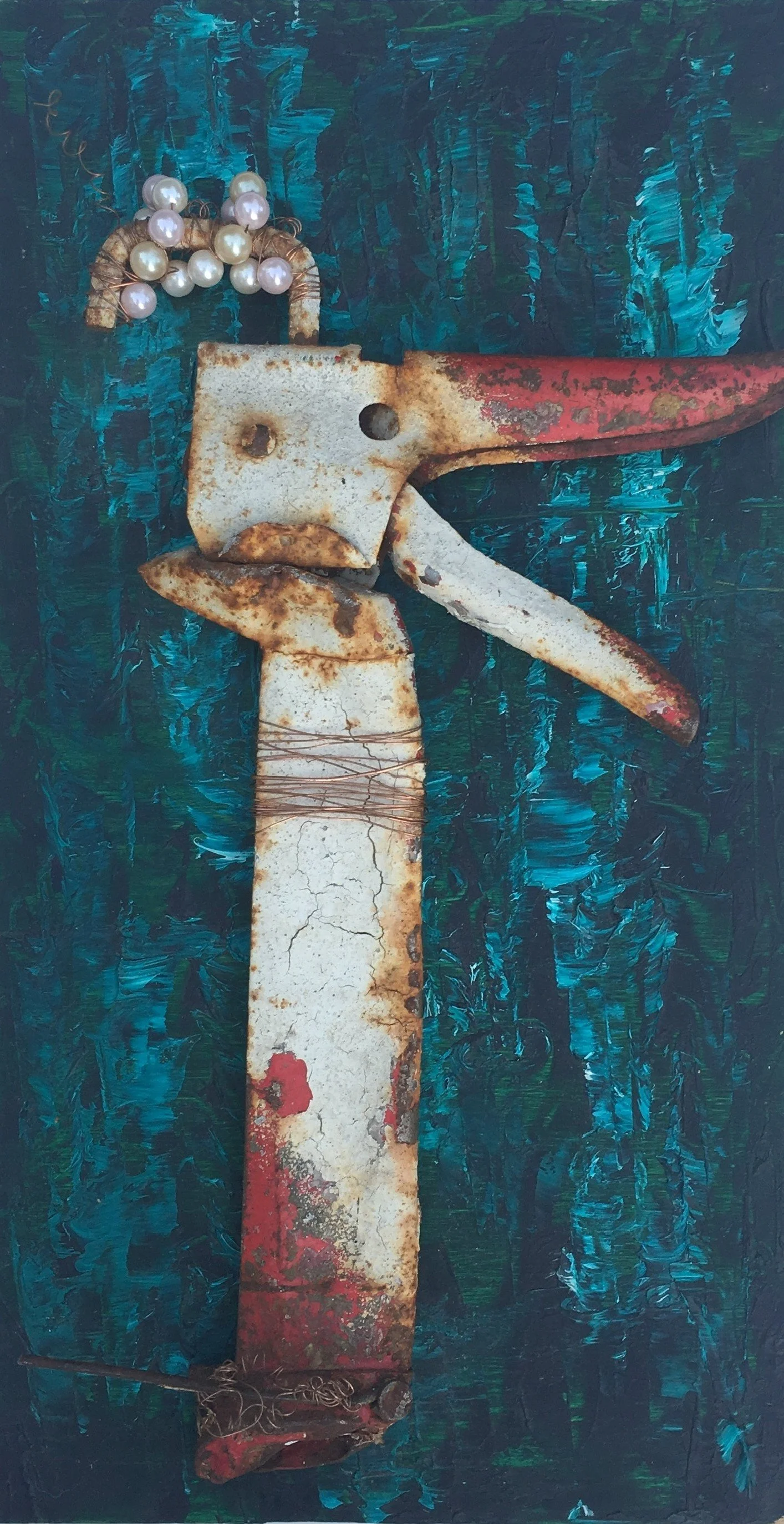  Mother Duck  
Found metal, beads, acrylic paint on wood