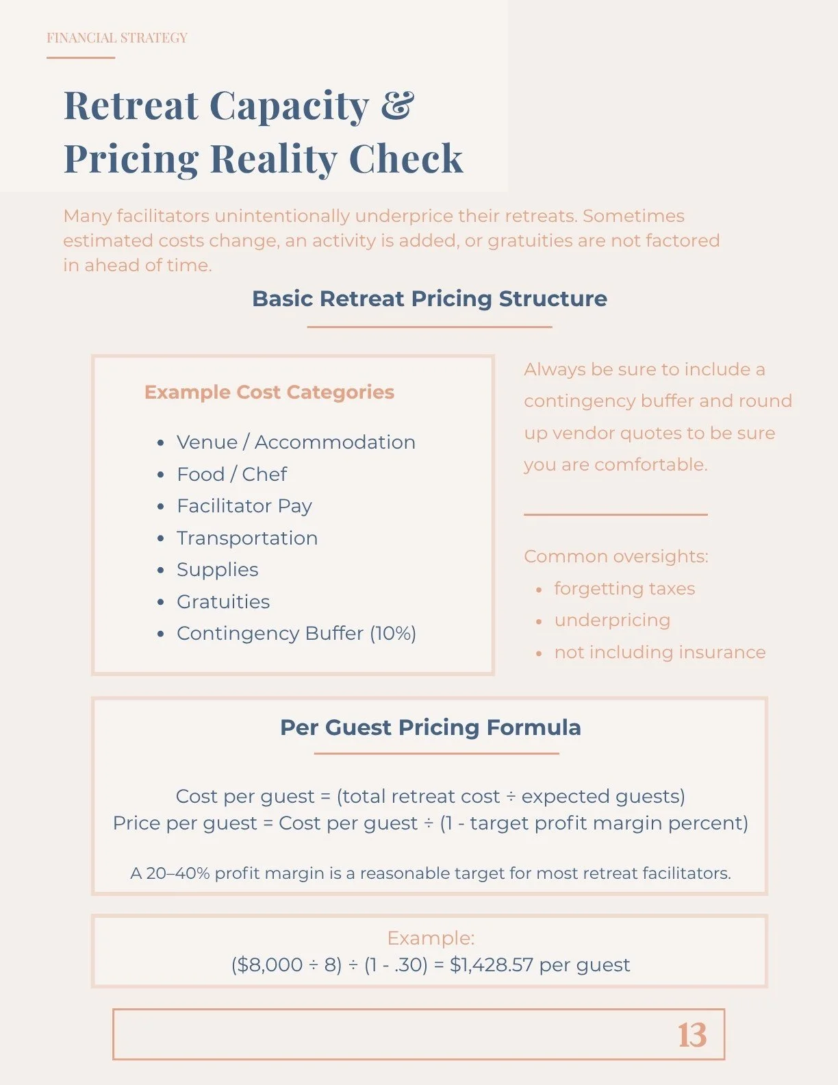 Retreat Capacity and Pricing page from the Guide
